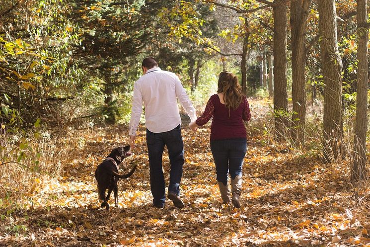 Paar mit Hund beim Herbstspaziergang