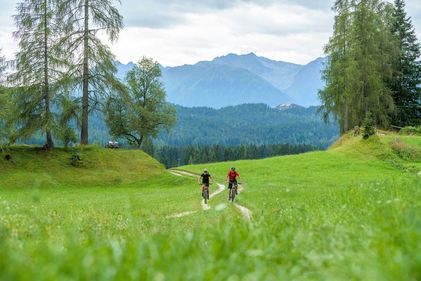 Mountainbiker auf Wiese